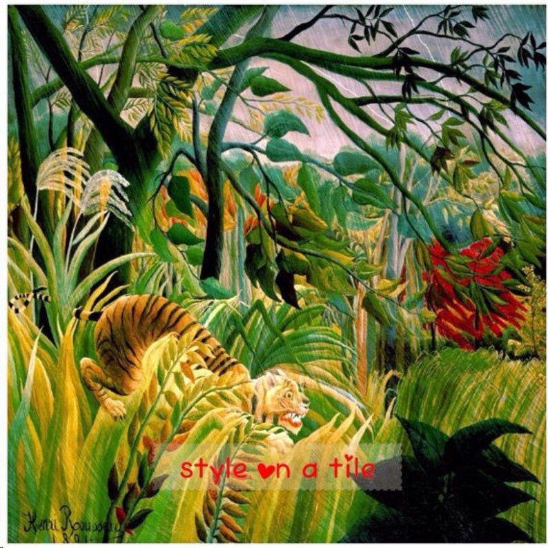 Lovely Henri Rousseau Tiger Cat in a Storm Surprised 4 x 4.25 or 108mm ceramic tile mural mosaic wall art splash back