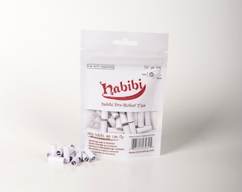 50 Habibi Pre-Rolled Tips White, Biodegradable and Raw Cigarette Filters, 7mm Slim Rolling Paper Tips