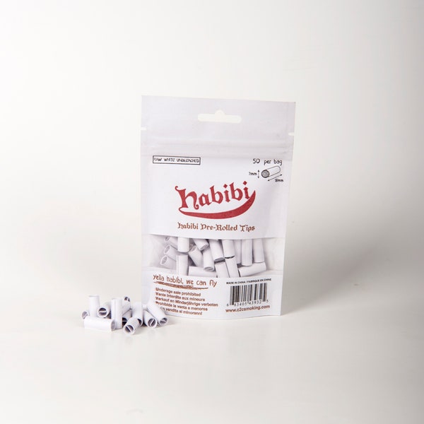 50 Habibi Pre-Rolled Tips White, Biodegradable and Raw Cigarette Filters, 7mm Slim Rolling Paper Tips