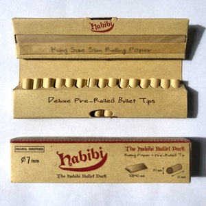 Habibi 2 in 1 BULLET PACK- 7mm Biodegradable Pre-Rolled Rolling Paper Tips and Papers, Unrefined and Raw Cigarette Filters (2 Single Packs)