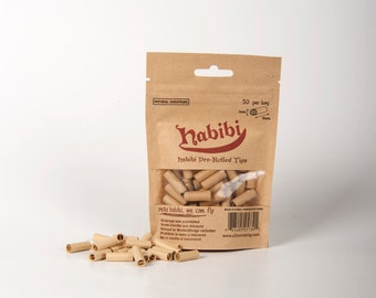 50 Habibi Pre-Rolled Tips, Biodegradable, Unrefined and Raw Cigarette Filters, 7mm Slim Rolling Paper Tips