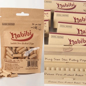 Habibi BUNDLE Pre-Rolled Tips, Biodegradable, Unrefined, Raw Cigarette Filters, 7mm Slim Rolling Paper Tips (65 Tips) and Papers (15 Paper)