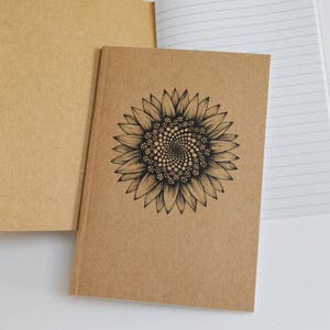 Recycled notebook with sunflower spiral illustration. Sunflower notebook. A6 notebook with sunflower ink art. Eco friendly gift.