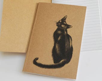 Recycled notebook with black cat illustration. Black cat notebook. A6 notebook with black ink cat art.