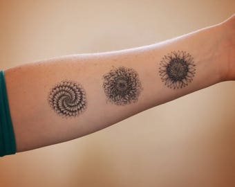 Set of 3 floral temporary tattoos. Temporary tattoos of plants & flowers. Flower tattoos. Succulent. sunflower. chrysanthemum.