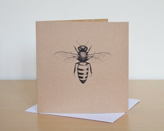 Honey bee greetings card. Recycled honeybee card. Bee illustration. Eco friendly recycled birthday cards. Blank bee greetings cards.