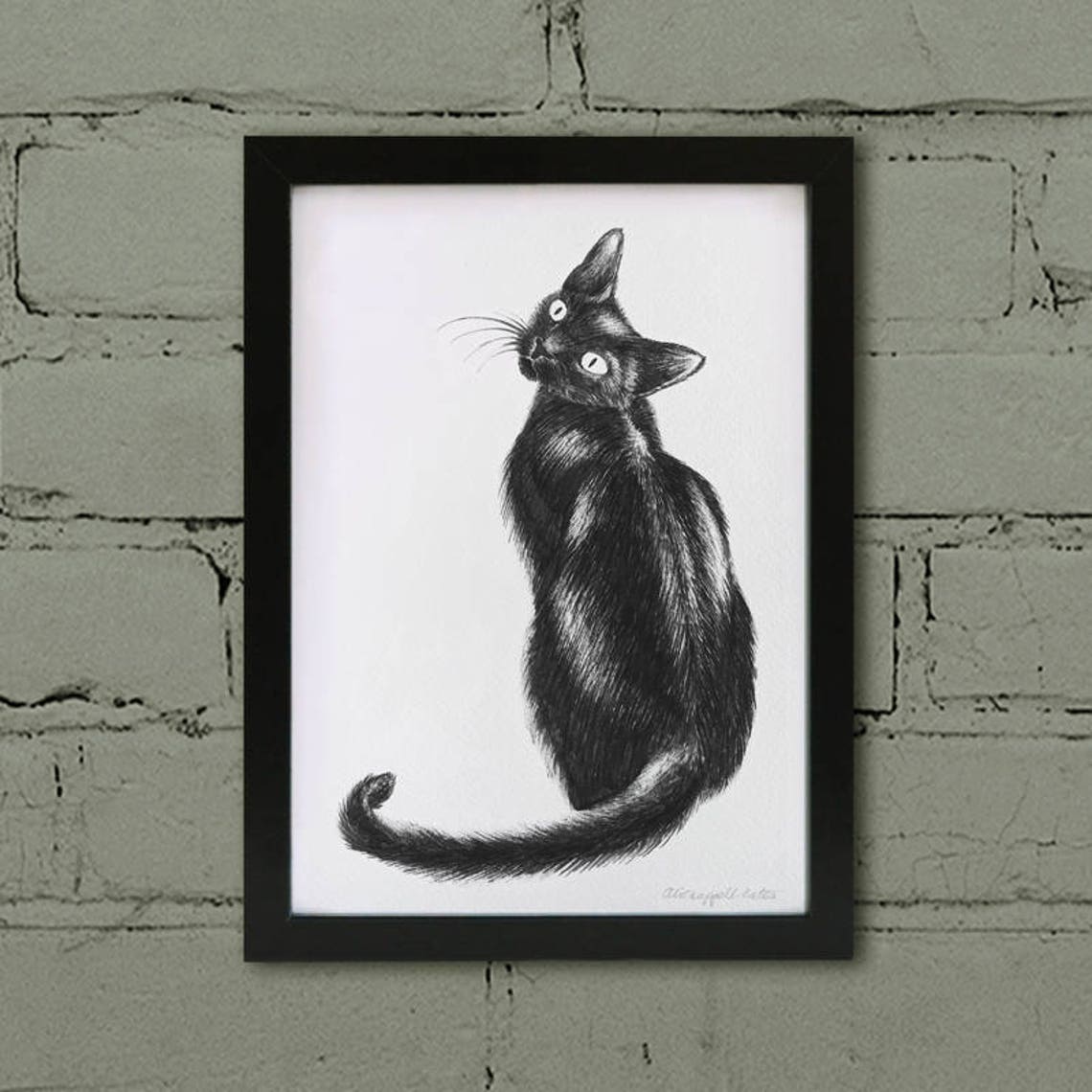 Framed cat print. Black cat wall art. Monochrome black ink Etsy