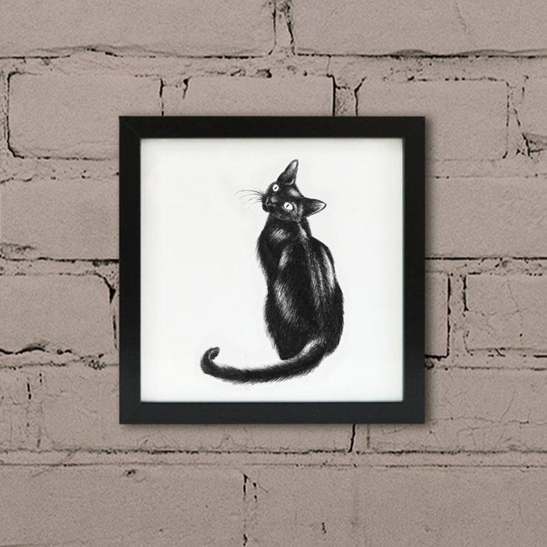 Framed cat print. Black cat wall art. Monochrome black ink Etsy