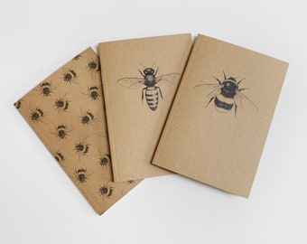 Set of 3 Bee lovers notebooks. A6 recycled notebooks. Bumblebees and Honey Bees. Notebook gift sets. Bee gifts. Eco friendly gift.