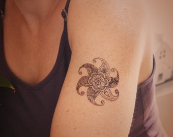 Mandala temporary tattoo. Henna mehndi inspired art. Indian Arabic temporary tattoo design.