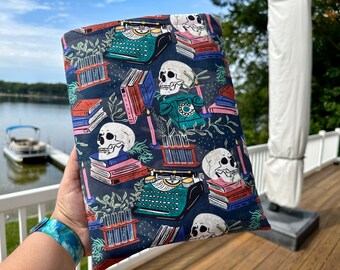 Moonstone Manor Book Sleeve, spooky tablet sleeve, skulls book cover, halloween Ipad sleeve, witchy bookish Book Cozy,  Book gift for friend