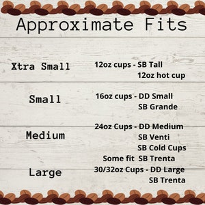 May include: A chart on a woodgrain background showing approximate fits for different sizes of coffee cups. The chart lists sizes from extra small to large and the corresponding cup sizes for Starbucks and Dunkin' Donuts.