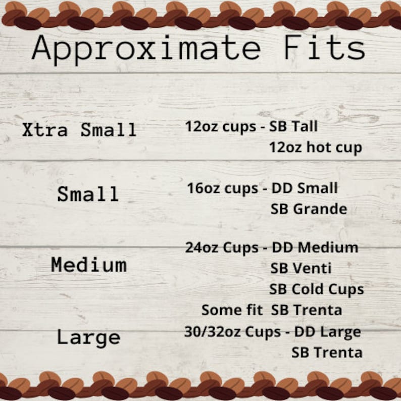 May include: A chart on a woodgrain background showing approximate fits for different sizes of coffee cups. The chart lists sizes from extra small to large and the corresponding cup sizes for Starbucks and Dunkin' Donuts.