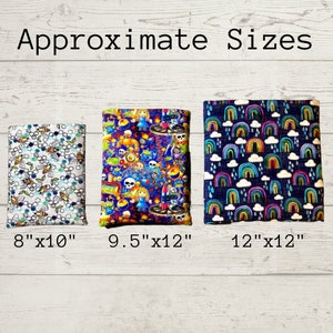 May include: Three fabric squares with different patterns and approximate sizes: 8" x 10", 9.5" x 12", and 12" x 12".