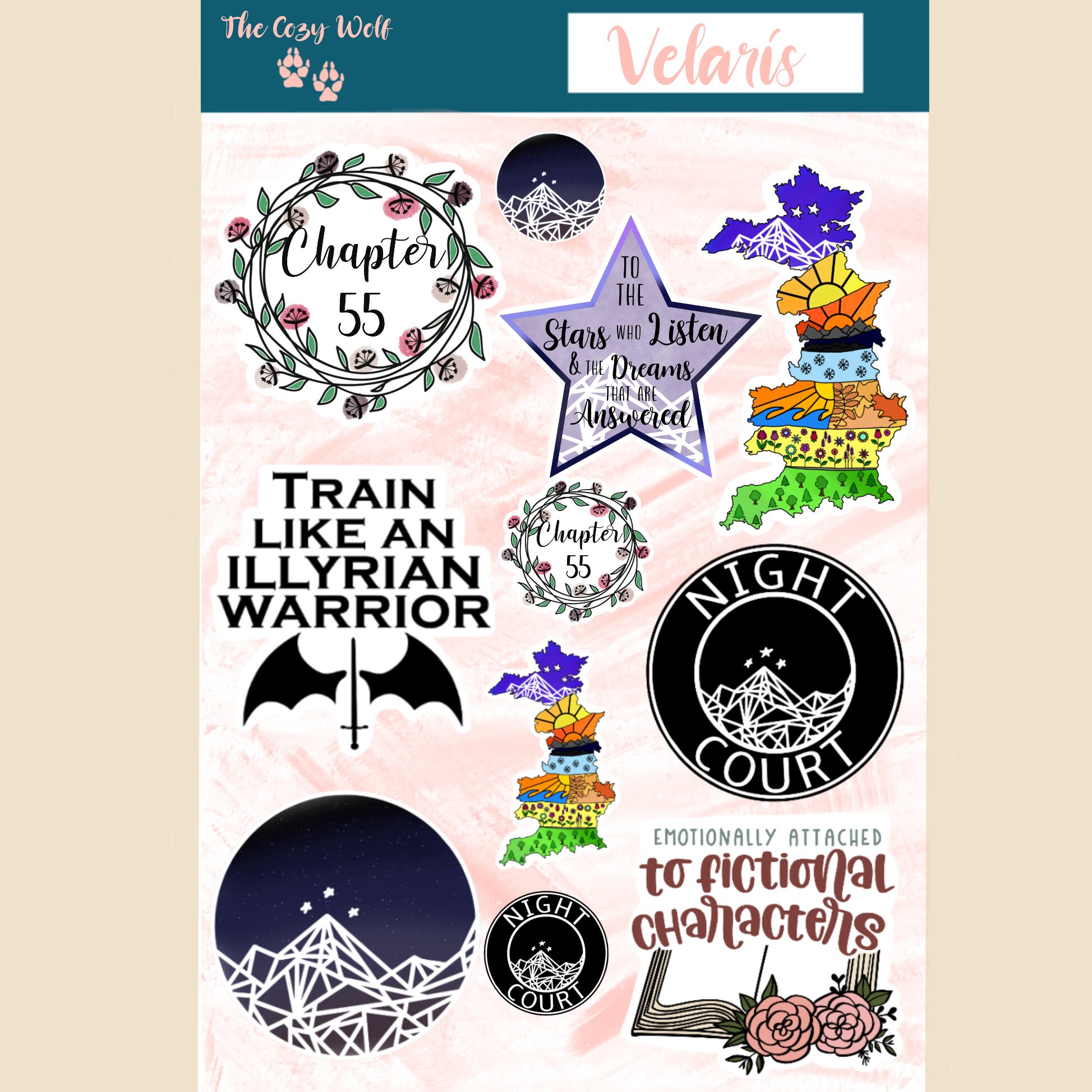 Acotar Sticker Sheet, 11 removable stickers,  Velaris, Chapter 55, Pr…