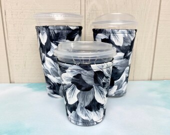 Black and White Floral Cup Sleeve,  ice coffee cozy, coffee cozy sleeve, reusable cup sleeve, coffee gift for mom, gift for coffee lover