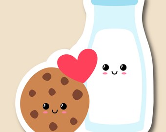 Pegatinas de pares de alimentos para el Día de San Valentín, hechas el uno para el otro - Leche y galletas Pegatina de botella de agua / Pares de alimentos