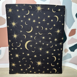 Gold Moons and stars kindle sleeve, night sky book sleeve, witchy tablet sleeve, dark academia Ipad sleeve, black book cozy for paperback