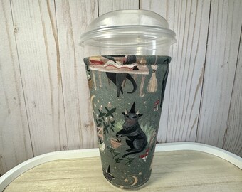 Witchy cat coffee cup cozy, Goblincore cup sleeve for Iced drinks, witchy core coffee cozy for teen, Magical cat, Halloween gift for teacher