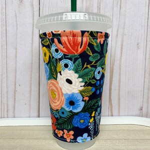 Rifle Paper Co Wildwood Navy Cup Sleeve, Floral iced coffee cozy for teens, reusable cup sleeve, coffee gift for mom, Boho gift for teacher