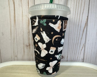 Witchy goblincore coffee cup cozy, spooky cup sleeve for Iced drinks, halloween coffee cozy for teen, Halloween gift for teacher