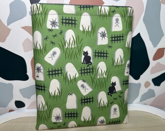 Green graveyard Book Sleeve, spooky cats tablet sleeve, grave book cover, halloween Ipad sleeve, bookish Book Cozy,  Book gift for friend