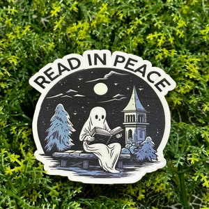 Read in Peace sticker, spooky kindle decal, reading ghost sticker for laptop or water bottle, Halloween reader sticker