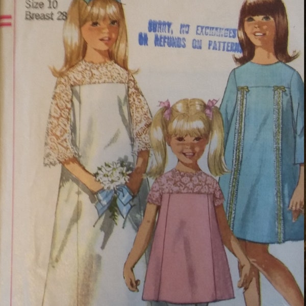 1967 Simplicity 6997, girls' size 10, demure flowergirl or party dress, One-piece dress in two lengths