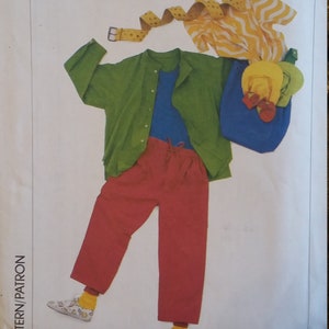 May include: A Simplicity sewing pattern for a child's outfit featuring a green jacket, red trousers, a blue shirt, a yellow and white striped shirt, a yellow belt, and a blue and yellow bag. The pattern is for Esprit Kids.
