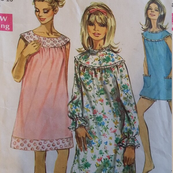 1968 Simplicity 7910 misses' size 8-10, comfy nightgown in two lengths, and shortie pajamas