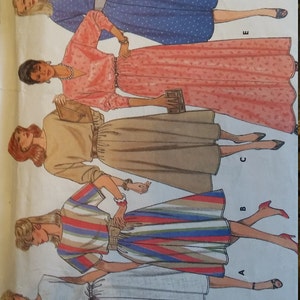 1980&#39;s Butterick 6510 Misses&#39; size 12, Pullover dress has flared skirt, cap, short or long sleeves, V or boat neck, and hem variations.