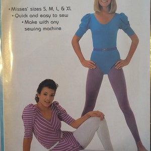 May include: Two women modeling leotards. One woman is wearing a light blue leotard with a purple belt and purple leggings. The other woman is wearing a striped purple and white leotard with a white belt and white leggings. The text on the image reads: "Misses' sizes S, M, L, & XL. Quick and easy to sew. Make with any sewing machine."