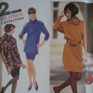 May include: Simplicity sewing pattern for a 2-hour express collection. The pattern shows three different styles of dresses with turtleneck collars. The first dress is blue, the second is brown, and the third is a floral print.