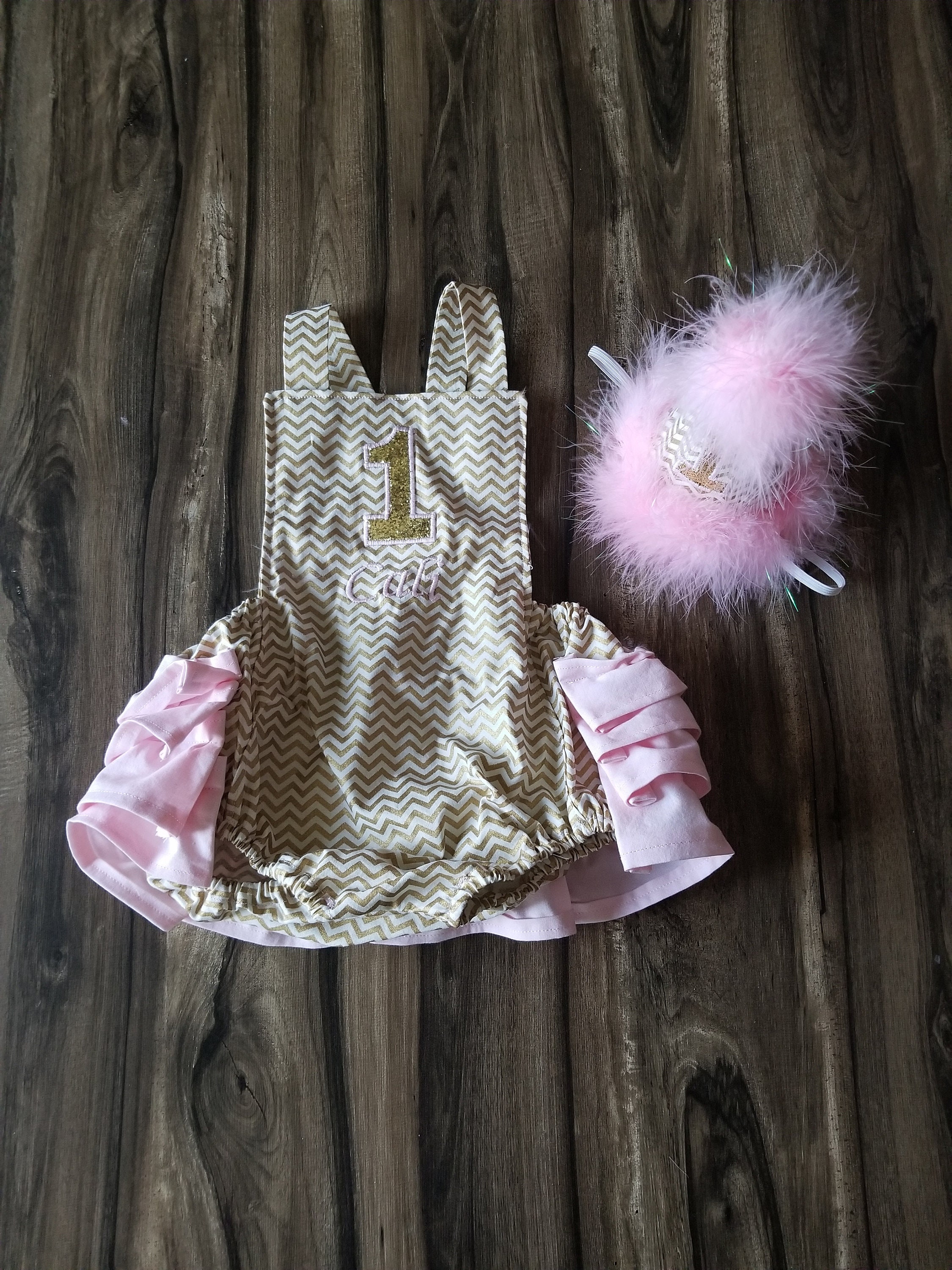 First Birthday Cake Smash Romper Pink Gold and White Chevron Etsy