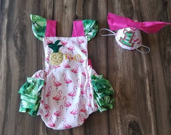 Flamingo Tropical Wild One First Birthday Cake Smash Outfit for Baby Girl