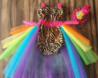 Party Animal Rainbow Wild One Safari Two Wild Jungle First Birthday Cake Smash Outfit for Baby Girl