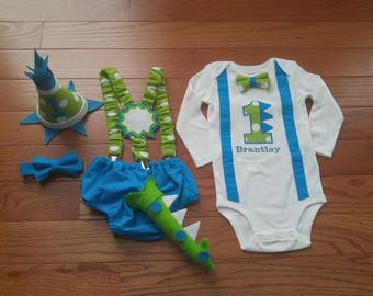 First 1st Birthday Cake Smash Outfit Dinosaur Lime Polka Dot and Turquoise Blue Diaper Cover BowTie Suspenders HighChair Banner Hat Baby Boy