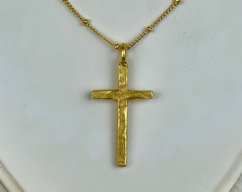 Beautiful Antique 24K Gold Plated Pewter Hammered Traditional Cross Religious Pendant on 18K Gold Plated 16",18" or 24"Satellite Chain/Faith