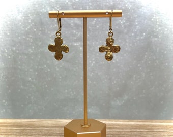 Beautiful Antique Gold Plated Pewter Hammered Ancient Cross Religious Leverback Earrings/Faith/Catholic/Easter/Graduation/Birthday/Gift