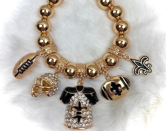 Fun & Festive Fleur De Lis Football Theme Multi-Charm Stretch 7 1/4" Bracelet, Black/Gold, Rhinestone, Enamel New Orleans/NOLA/Saints/Helmet
