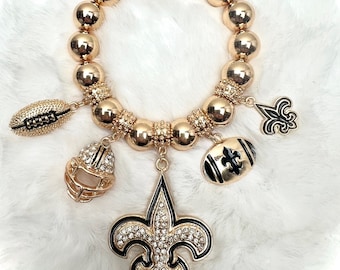 Fun & Festive Fleur De Lis Football Theme Multi-Charm Stretch 7 1/4" Bracelet, Black/Gold, Rhinestone, Enamel New Orleans/NOLA/Saints/Helmet