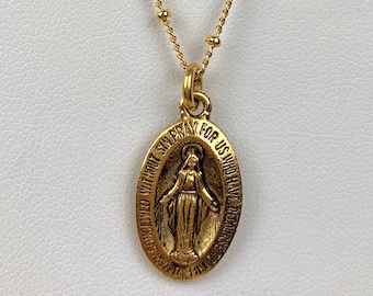 Beautiful Gold Plated Oval Framed Miraculous Medallion of Jesus Religious Charm on 18K Gold Plated 16 18 or 24 Satellite ChainFaith