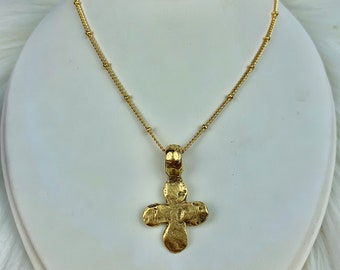 Beautiful Antique Gold Plated Pewter Hammered Ancient Cross Religious Pendant on 18K Gold Plated 16", 18" or 24"Satellite Chain/Faith/Easter