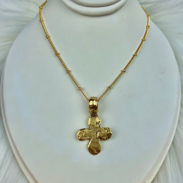 Beautiful Antique Gold Plated Pewter Hammered Ancient Cross Religious Pendant on 18K Gold Plated 16", 18" or 24"Satellite Chain/Faith/Easter