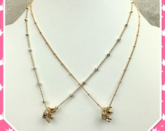 Lovely 24K Gold Plated Brass CZ Side Hanging Crown Pendant on Choice of Gold Moon Cut Bead/18K Gold Plated Satellite Chain/Mardi Gras/Queen