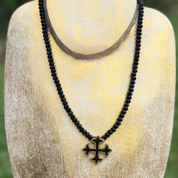 Beautiful Black Glass Crystal Necklace w/Black Enameled Gold Celtic Cross Focal Bead - 20"