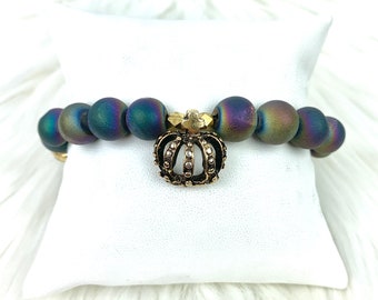 Beautiful Antique Gold Plated Crown on Rainbow Druzy Agate Beads, Stacking Bracelet/Mardi Gras/Essential Oil Jewelry