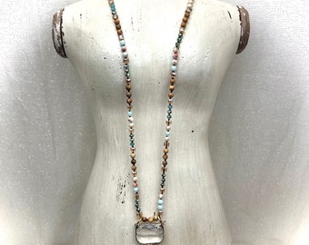 Beautiful Hand Knotted Sea Sediment Jasper, Picture Jasper w/Crystals 32" Necklace w/a 3-Way Crystal Connector, Pearl Rhinestone Cross