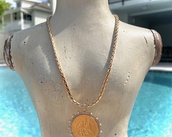 Gorgeous Gold Plated Belgium Double Horse French  Coin Replica Pendant w/Pearl & CZ Accents on a 21.5" Gold Plated Brass Snake Chain