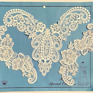 Bridal Lace Appliques: Centerpiece and 2 Pearl and Sequin